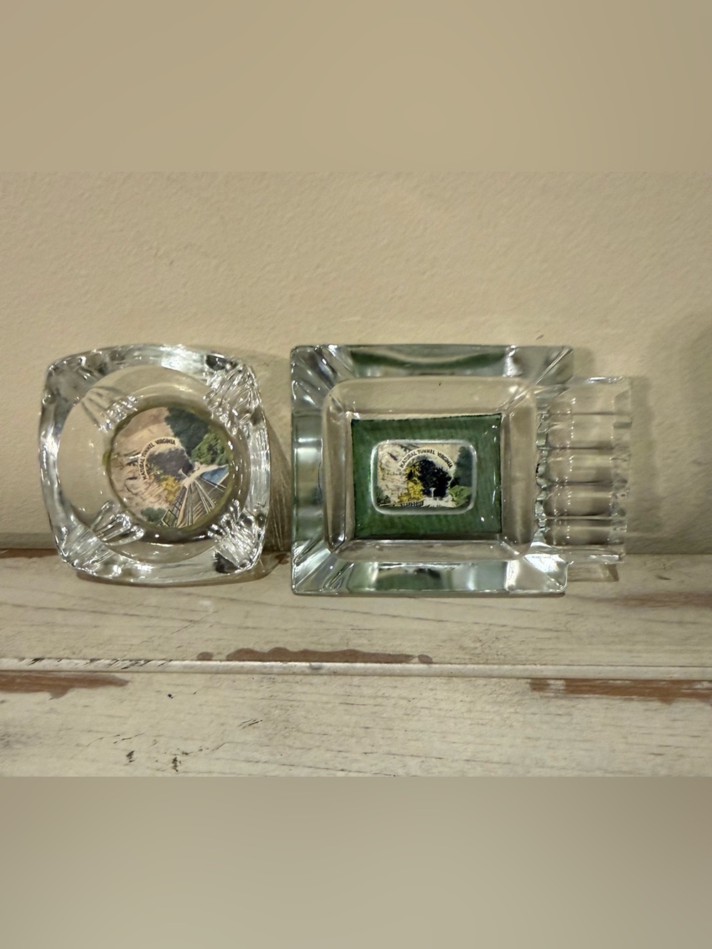 Set of 2 Vintage Natural Tunnel Virginia Glass Souvenir Ashtrays